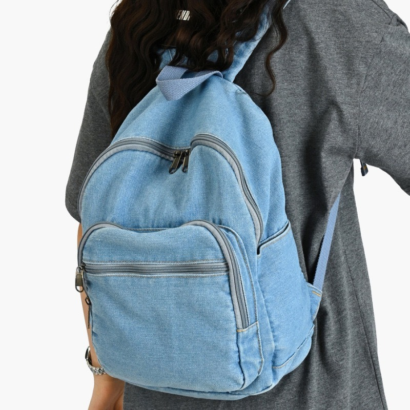 Women Bags Jeans - กระเป๋าเป้สะพายหลังผู้หญิงผ้าเดนิม กระเป๋าเป้ลำลองสำหรับไปโรงเรียน พร้อมกระเป๋าด้านหน้าทรงโค้ง ปิดด้วยซิป กระเป๋าเป้ผ้ายีนส์ฟอกสี น้ำหนักเบา