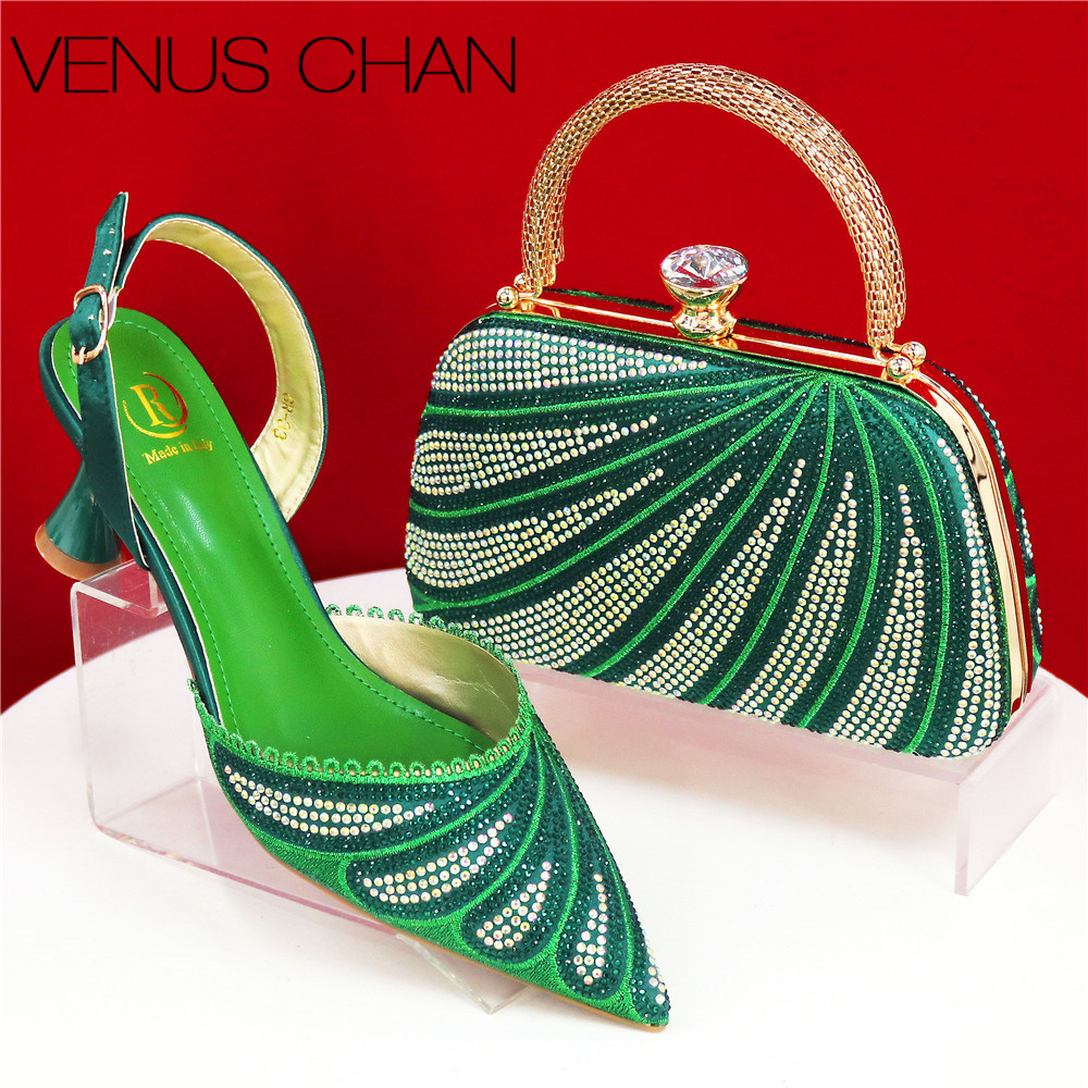 Women Bags Green - รองเท้าส้นสูงประดับคริสตัลสีเขียวสำหรับงานปาร์ตี้ของผู้หญิงชาวไนจีเรีย หัวแหลม พร้อมกระเป๋าเข้าชุด