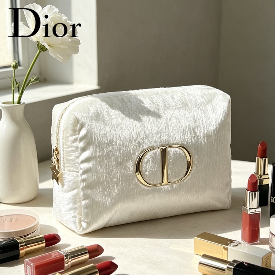 Women Bags White - กระเป๋าดิออร์ ไวท์ เวลเวท ทราเวล คอสเมติก แบ็กกระเป๋าเก็บของจำเป็นสำหรับผู้หญิง