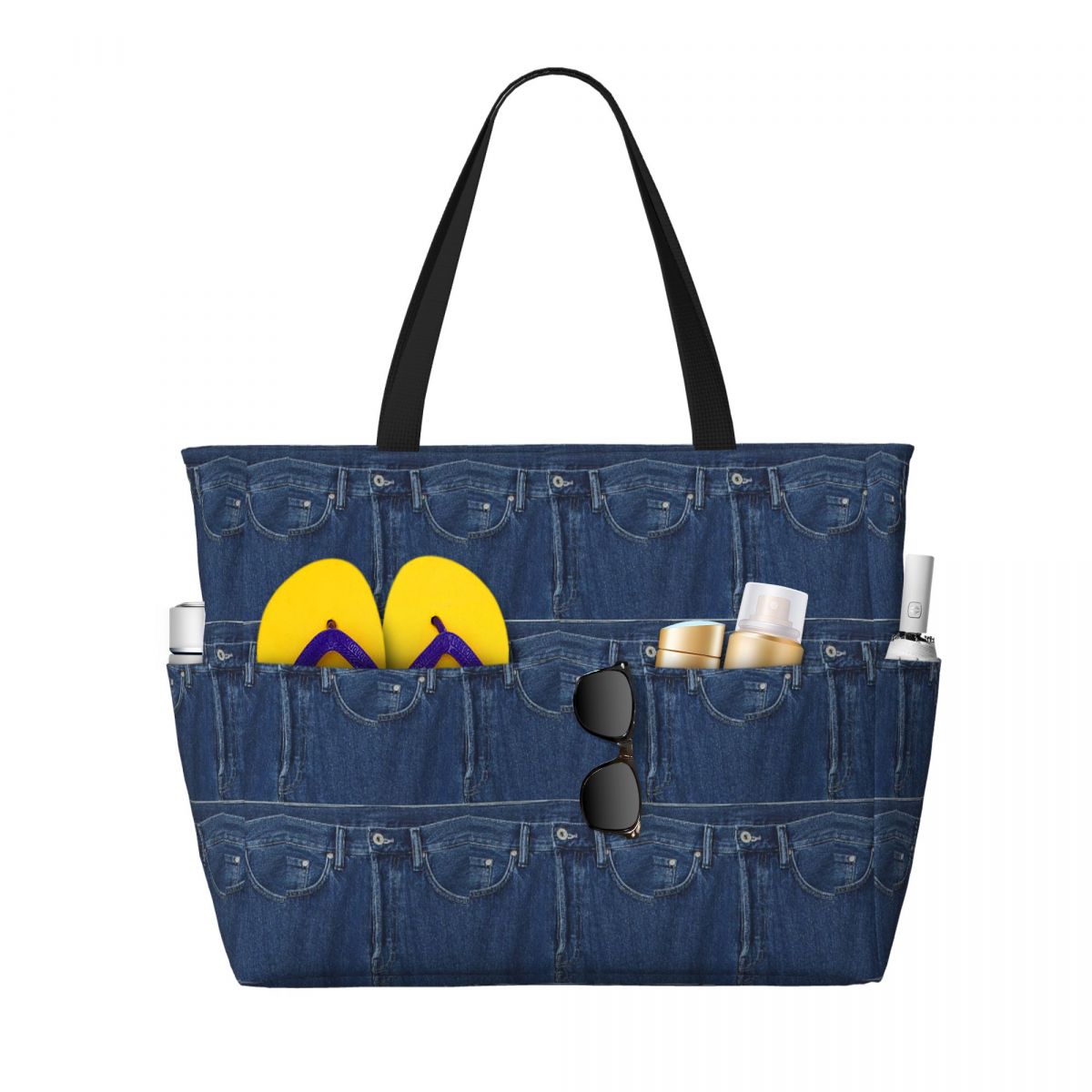 Women Bags Jeans - กระเป๋าโท้ทผ้าเดนิมสีน้ำเงินลายคลาสสิก กระเป๋าสะพายชายหาด กระเป๋ากีฬา กระเป๋าโยคะ กระเป๋าเดินทางขนาดใหญ่สำหรับผู้หญิง กระเป๋าฟิตเนส