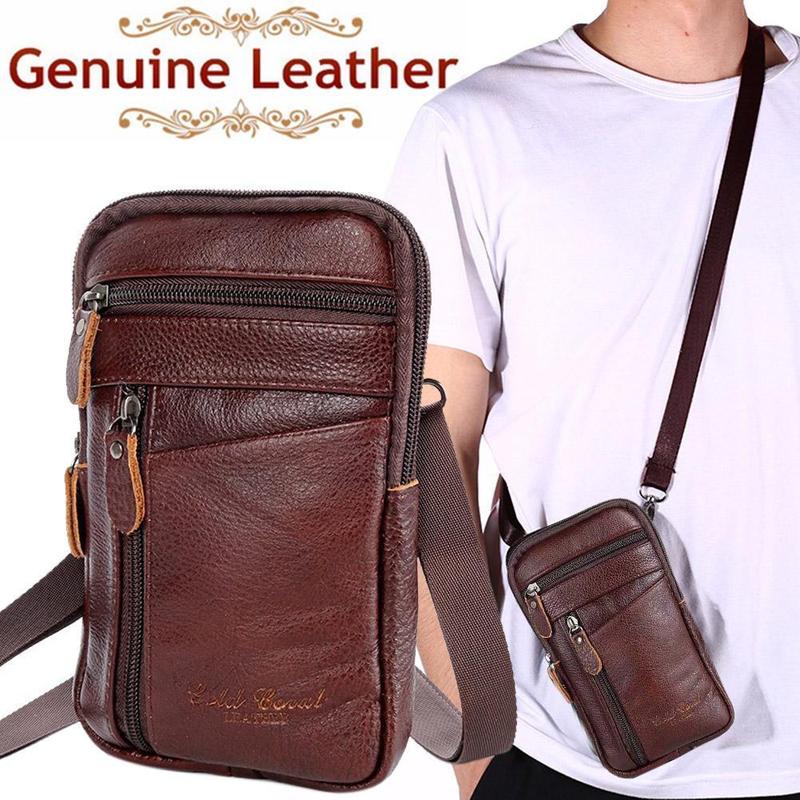 Saddle Bag Leather - กระเป๋าหนังแท้สำหรับผู้ชาย กระเป๋าคาดเอวแนวตั้ง กระเป๋าสะพายข้างแบบมีซิปกันขโมยอเนกประสงค์ กระเป๋าสะพายไหล่ลำลองสำหรับเดินทาง
