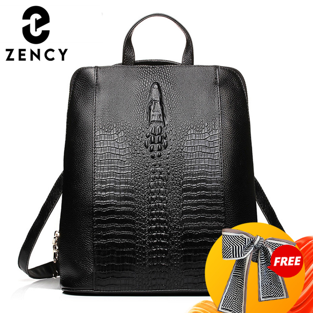 Women Bags White - Zency 100% เป้หนังแท้สำหรับผู้หญิง, กระเป๋าเป้สะพายหลังลายจระเข้สำหรับผู้หญิงกระเป๋านักเรียนใส่โน๊ตบุ๊คของเด็กผู้หญิงกระเป๋าเดินทางคุณภาพสูง
