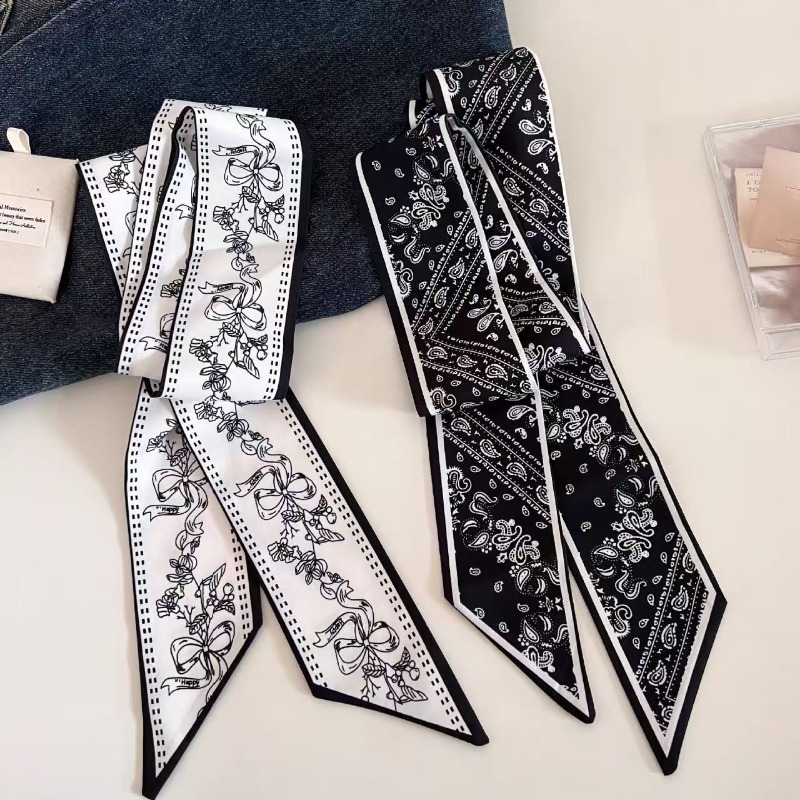 Women Bags White - ผ้าพันคอ Paisley สีดำขาวสองด้าน ผ้าพันคอเสื้อเชิ้ต ผ้าพันคอประดับผม สายคล้องกระเป๋า