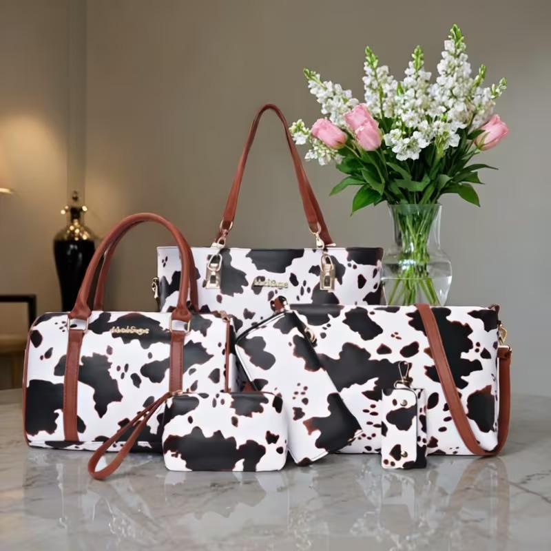 Women'S Bags Handbags - ชุดกระเป๋าถือแฟชั่นลายหนังวัว PU 6 ชิ้น ประกอบด้วยกระเป๋าสะพายไหล่ กระเป๋าสะพายข้าง