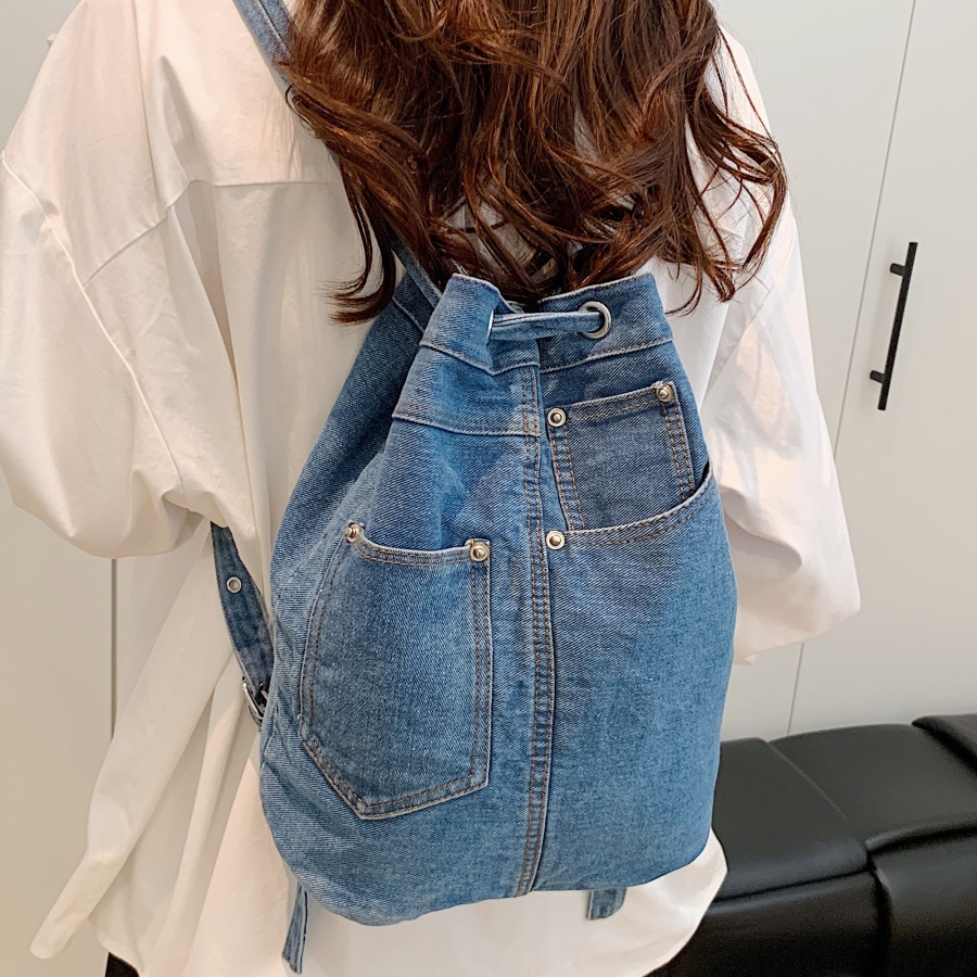 Women Bags Jeans - กระเป๋าเป้สะพายหลังผู้หญิงผ้าเดนิม กระเป๋าเป้ลำลองสำหรับนักเรียนหญิงวัยรุ่น กระเป๋าเป้หรูหราแบบมีเชือกรูด กระเป๋าสะพายหลังผู้หญิง กระเป๋าถือผู้หญิง สีฟ้า