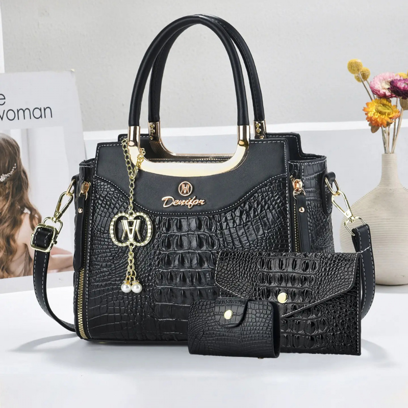 Women'S Bags Handbags - ชุดกระเป๋าถือลายหนังจระเข้สำหรับผู้หญิง 3 ชิ้น กระเป๋าโท้ทขนาดใหญ่สีสันตัดกัน กระเป๋าสะพายไหล่แฟชั่น