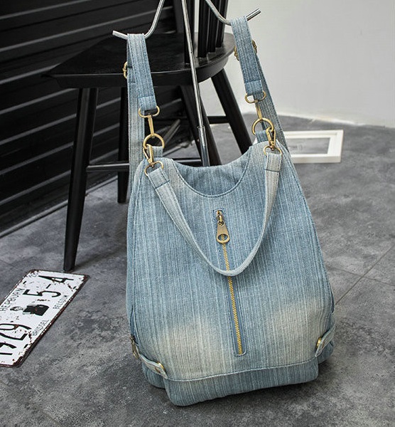 Women Bags Jeans - กระเป๋าเป้สะพายหลังผู้หญิงผ้ายีนส์ฟอกสี กระเป๋าเป้เอนกประสงค์ กระเป๋าสะพายไหล่ผู้หญิง กระเป๋าเดินทางลำลอง กระเป๋าเป้สีน้ำเงิน