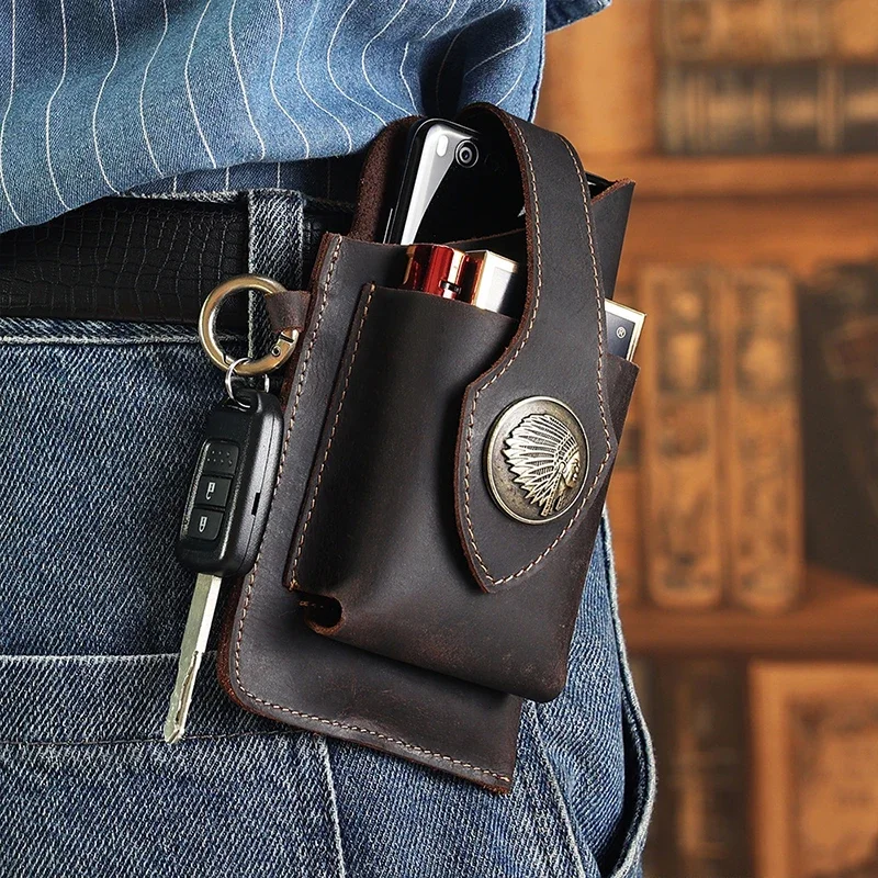Saddle Bag Leather - บุรุษหนังแท้เอวกระเป๋าโทรศัพท์มือถือกระเป๋าชายกลางแจ้งผู้ชาย Fanny Pack Key แนวตั้งสวมเข็มขัดรอบเอวกระเป๋า