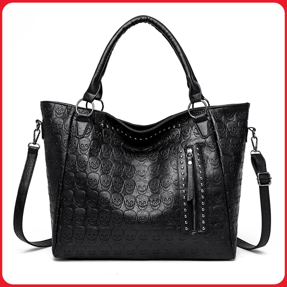 Women Bags For Work - กระเป๋าสะพายข้างลายหัวกะโหลกสไตล์พังก์ หนัง PU ประดับหมุด กระเป๋าถือแฟชั่น ความจุเยอะ