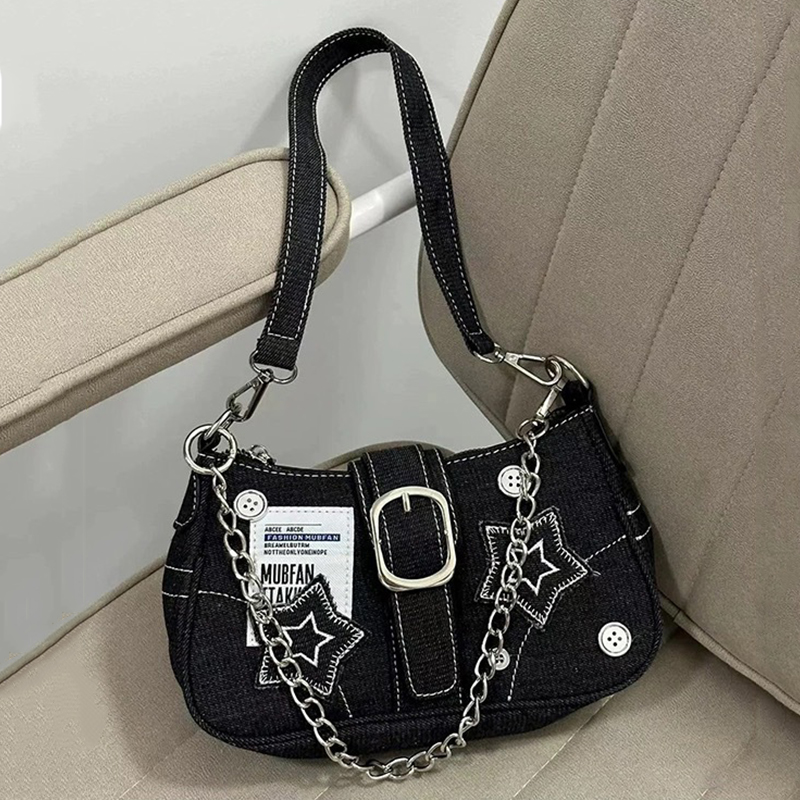 Women Bags Jeans - กระเป๋าถือผู้หญิงสไตล์ Y2k ลายดาว กระเป๋าสะพายใต้แขนสำหรับสาวเท่ กระเป๋าผ้าแคนวาสวินเทจ กระเป๋าสะพายไหล่ใบเล็กสำหรับผู้หญิง