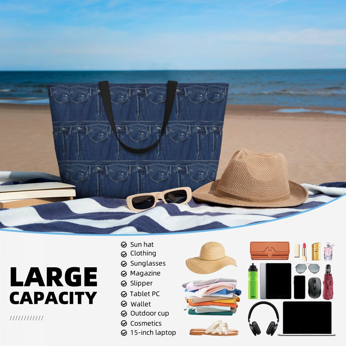 กระเป๋าโท้ทผ้าเดนิมสีน้ำเงินลา - Women Bags Jeans บทวิจารณ์และราคา